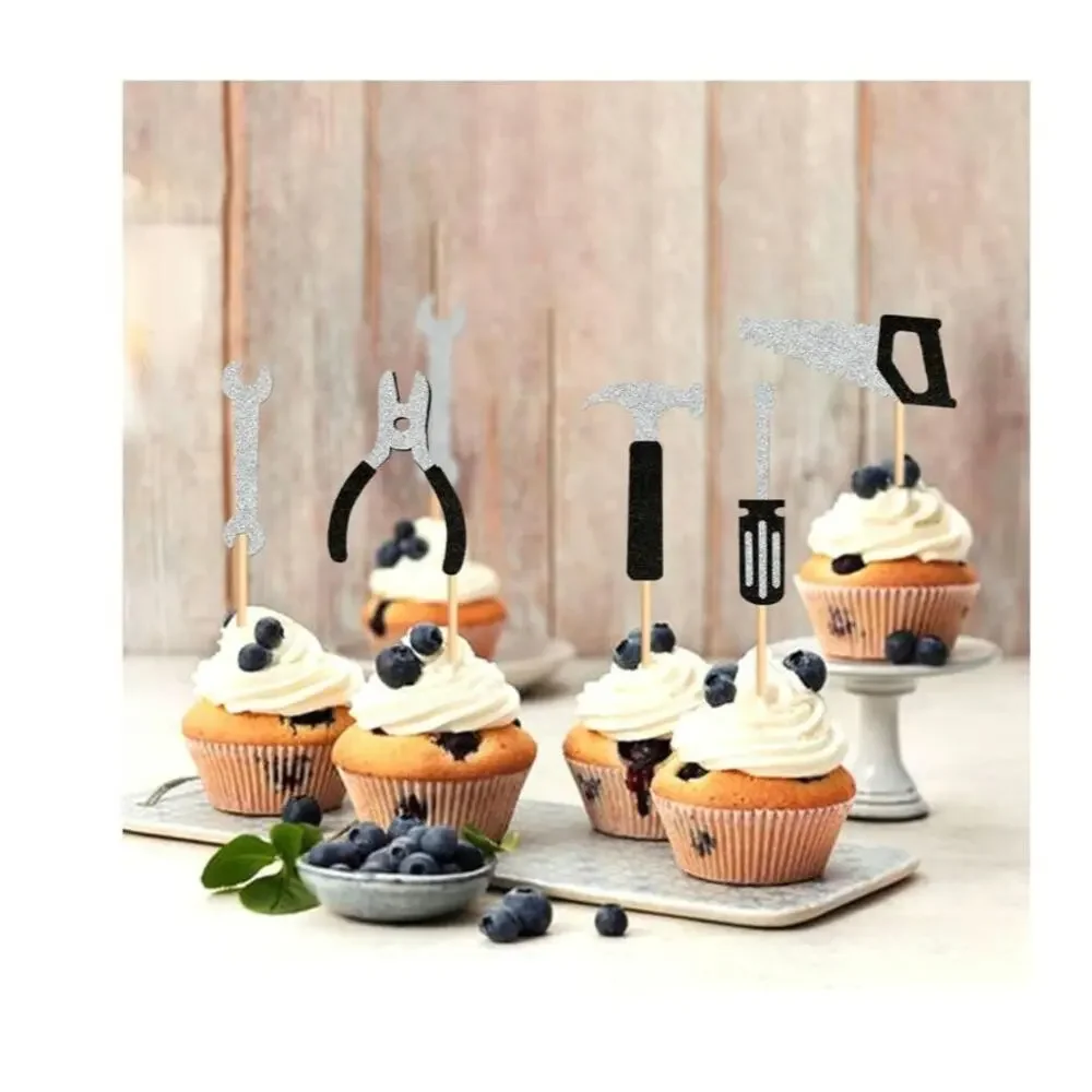 30 PCS Cupcake Topper Happy Father's Day Glitter Black Tool Birthday S4